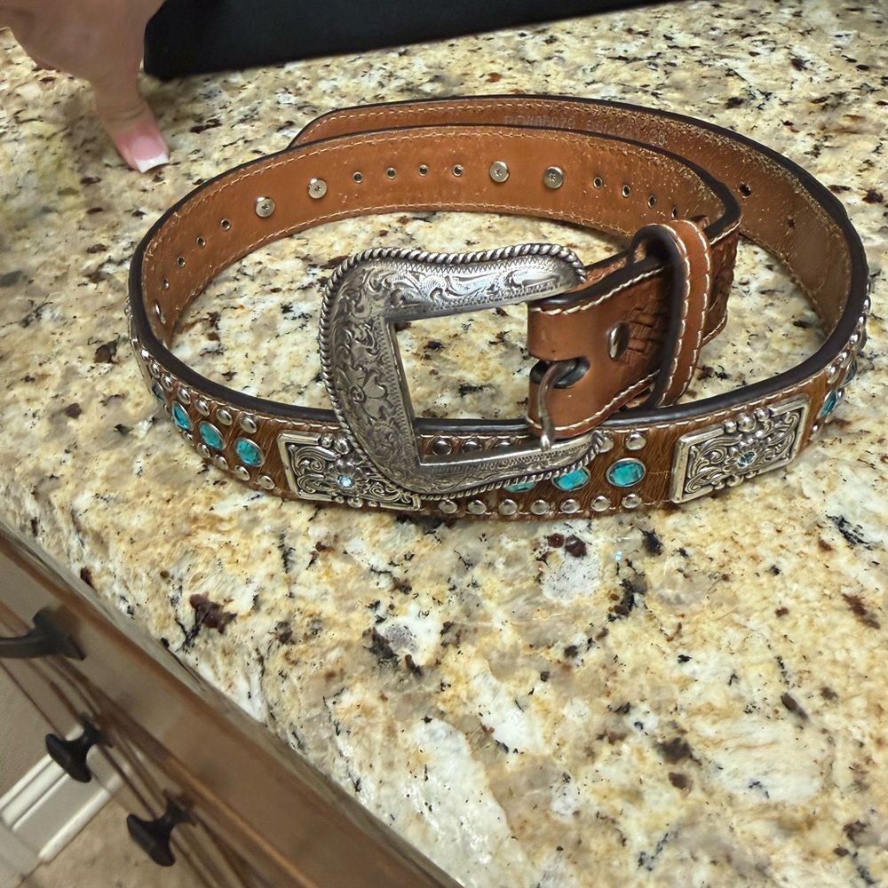 Nocona Tan Leather Belt with Silver Details